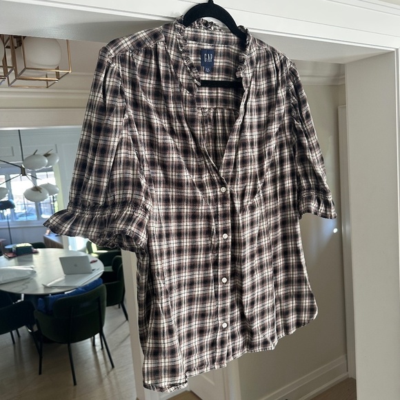GAP Brown, Black, & Ivory/Cream Plaid Crinkle Gauze Puff Sleeve Shirt - Size XL - Picture 5 of 13